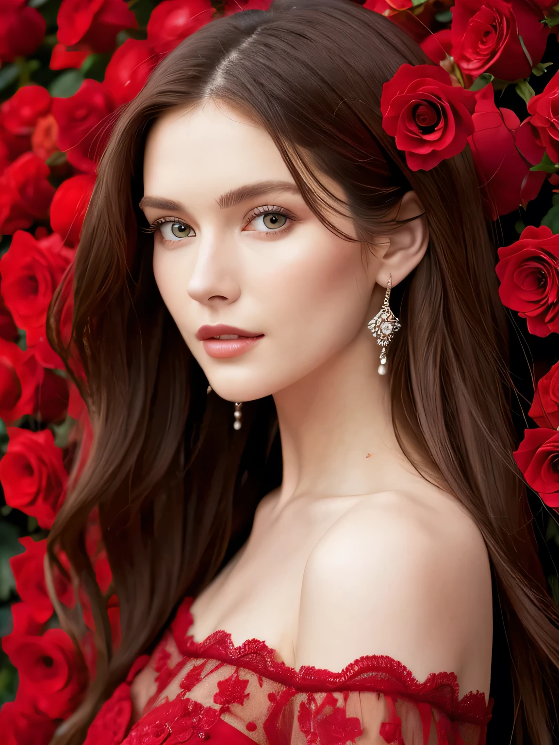 Close up portrait of very long-haired woman in transparent red dress, Portrait of Sophie Mudd, Attractive girl, Very beautiful face, Brown Hair Girl, Anna Nikonova, Also known as New Milky, Beautiful Model girl, Gorgeous and attractive face, Beautiful, round face, Beautiful Model, nodded, Attractive beautiful face, Gorgeous Woman, portrait of a Beautiful Model, Gorgeous young model, background of many red rose wall, Random body orientation,