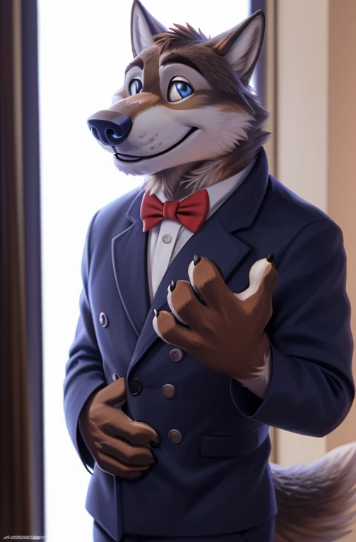 Larry (Zveropolis), wolf, gray fur, (brown body:1.3), beautiful blue eyes, Zveropolis, dressed,blazer,pink shirt,trousers,bow tie, canine,wolf, Detailed fur, male, antro, paw pads, finger claws,одевает bow tie, Plays,at viewer, 5 fingers, paws, 4 toes, in the marriage palace, groom, next to stepfather, белый wolf, BREAK from nextel, for dating, by xenoforge, (difficult, high detail,digital photography, soft focus, RAW, close to the camera, smile, positive, good, mood, Houses, looks at the viewer, очень close to the camera,Opera singer, Photorealism, realistic, photorealistic,digital style, Subsurface scattering,очень close to the camera шедевр, Best quality, ultra realistic, 8 k) office background