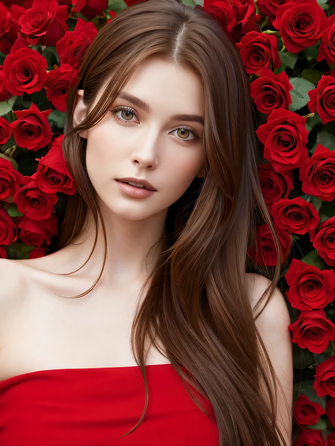 Close up portrait of very long-haired woman in transparent red dress, Portrait of Sophie Mudd, Attractive girl, Very beautiful face, Brown Hair Girl, Anna Nikonova, Also known as New Milky, Beautiful Model girl, Gorgeous and attractive face, Beautiful, round face, Beautiful Model, nodded, Attractive beautiful face, Gorgeous Woman, portrait of a Beautiful Model, Gorgeous young model, background of many red rose wall, Random body orientation,