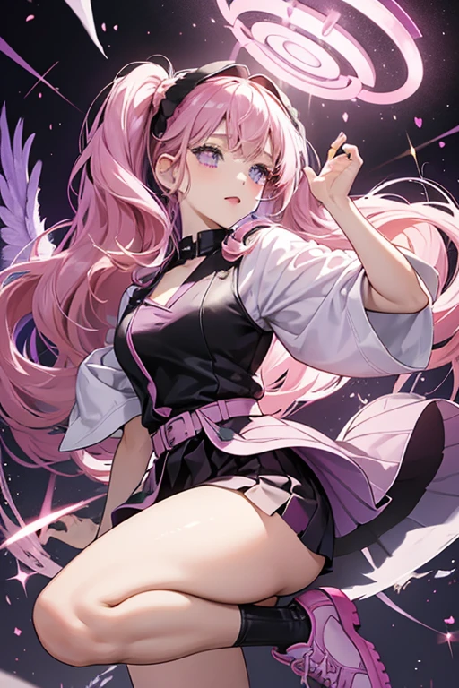 Plum is a fair-skinned girl with normal black eyes and bright pink cheeks. Her hair is a light pink mixed with lavender. Her wavy bangs are worn in curls and styled in pigtails. A black antenna headband sits atop her head. She wears a pink and purple dress with a black belt. Purple wings are on her back. She has black leggings and wears pink shoes. SPARKLE; GLITTER