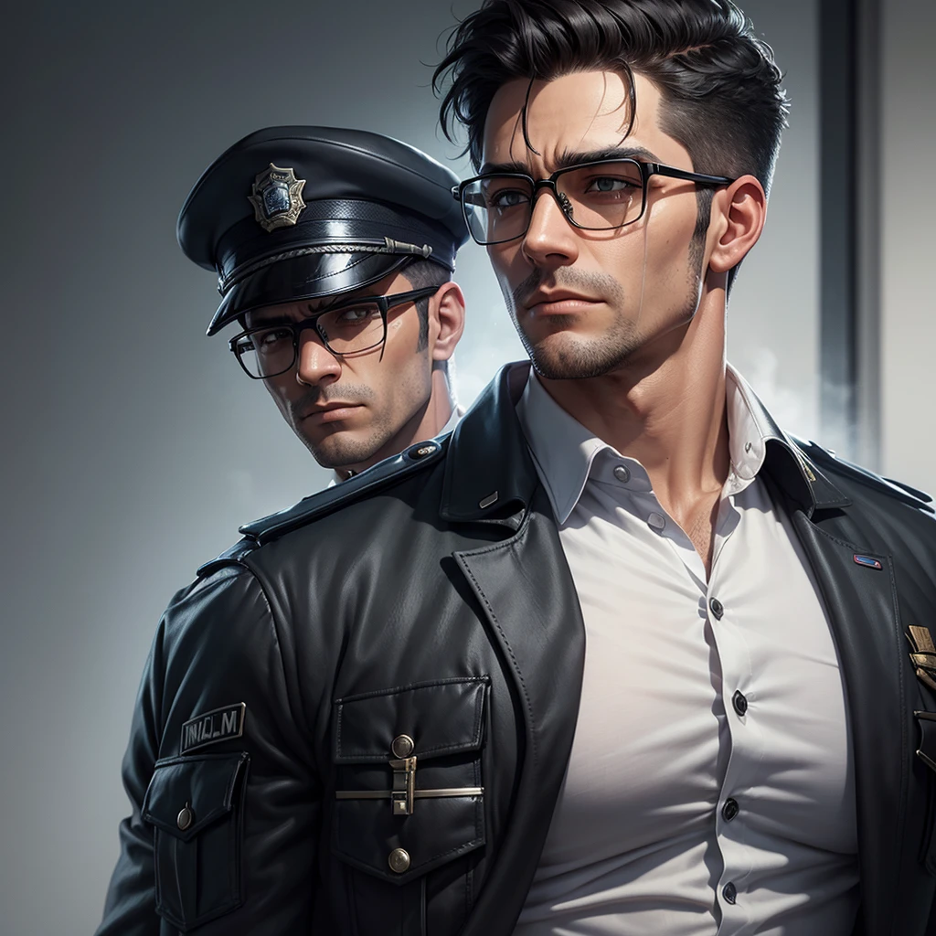 Policeman with black glasses and a scar on his eye
