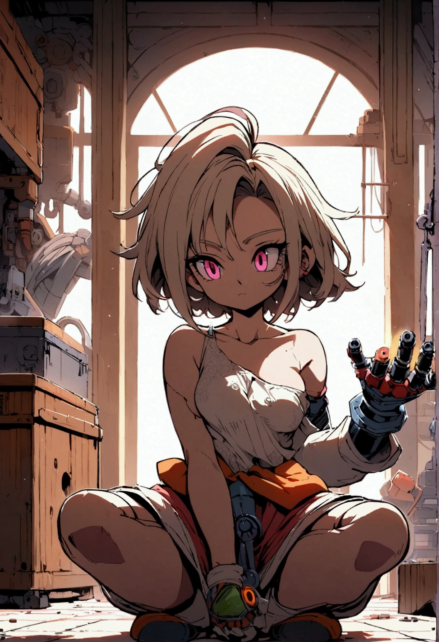 Anime-style illustration, Goku + android 18  girl dbz with verde red oversized clothing, merging as a mechanic with robotic parts interspersed within his human form, dynamic pose wrench in hand, workshop background cluttered with machinery, oil stains, dimly lit with flickering fluorescent lights, high contrast shadows, vivid colors, intricate detailing of mechanical components, digital painting., Mysterious