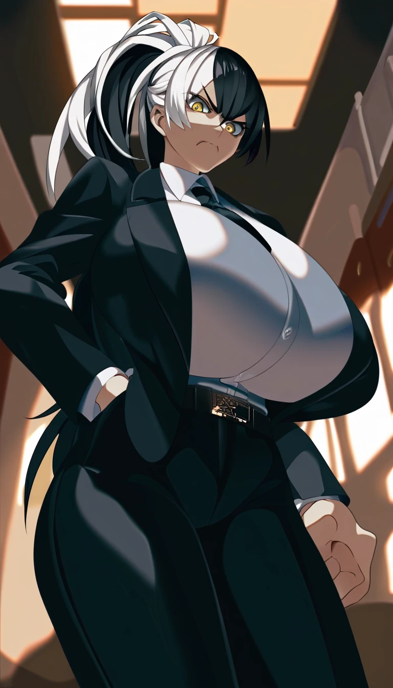 score_9, score_8_up, score_7_up, source_anime, solo, 1girl, long hair, ponytail, (two-tone hair), black hair: 50, white hair: 50, yellow eyes, angry, pointing at viewer, (looking down, small pov), funny angry face, standing, formal, suit, black jacket, black necktie, long sleeves, black pants, belt with sword sheath, sword scabbard at the waist, black scabbard, background of a traditional japanese hallway, (huge breasts:1.6, stout thighs:1.6),