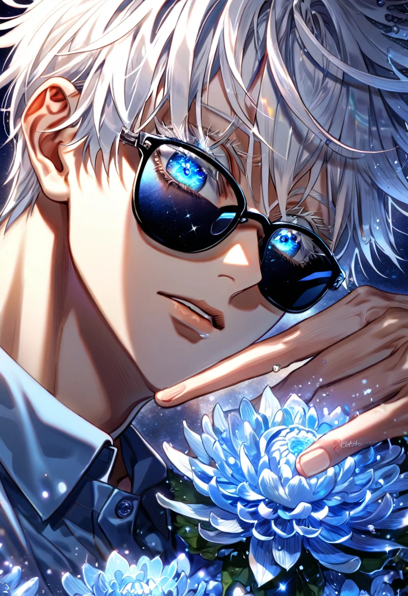 absurdres, highres, ultra detailed, HDR, master piece, best quality, extremely detailed, Gojou Satoru, white hair, black sunglasses, expressive blue eyes, white eyelashes, Jujutsu Kaisen, solo, sexy man, handsome, light blue shirt, fantasy, water, sparkling, blue glittering fireflies, blue moon, blue blossoms, blue chrysanthemums, blue sparkling lights, starry sky, magical