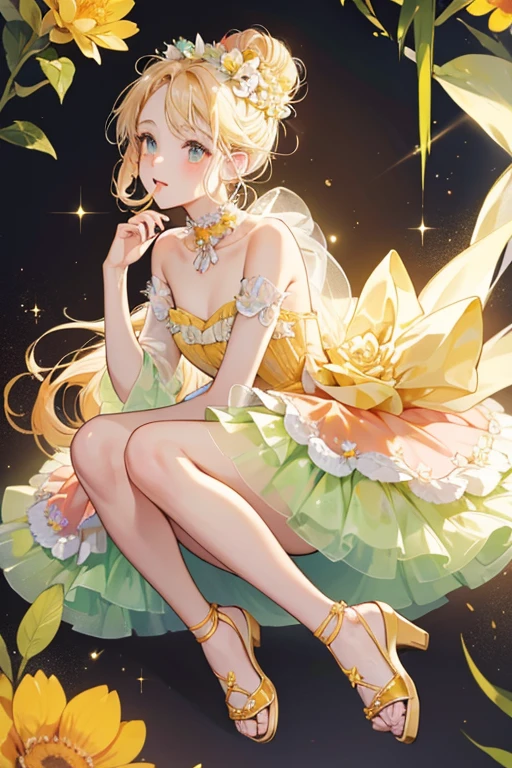 Posy is tan-skinned with pale pink cheeks and black button eyes. Her gold blonde hair is pulled into a bun on each side of her head, consisted of flower bunches held by a melon-colored bow. Her dress is bright orange and resembles a flower covered with morning dew. Sticking out from the bottom are smaller pastel yellow petals, along with a pastel yellow tulle petticoat. The collar is consisted of three, pastel mint leaf. Her sandals are orange with pastel orange bottoms and a pastel mint leaf resembling a bow on each toe. SPARKLE; GLITTER