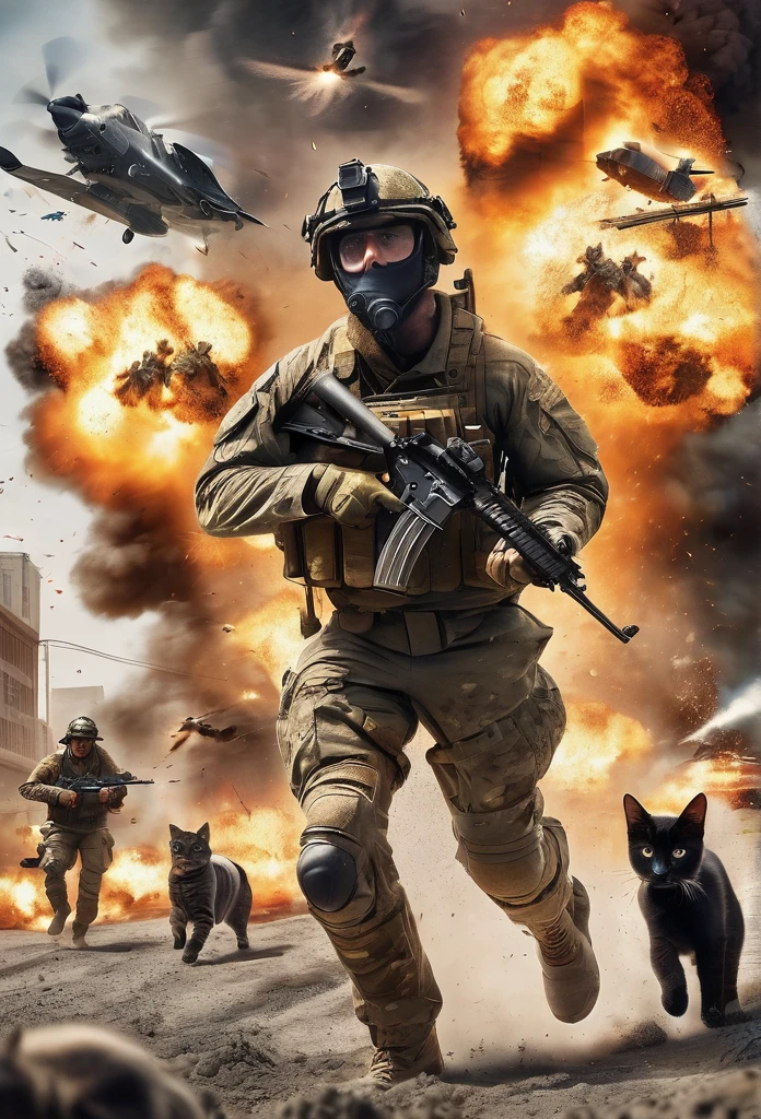 Cinematic, photorealistic, modern battlefield little dogs vs. humans, cats in modern camouflage combat uniform, battlefield combat, guns, shots, fire, smoke, explosion, flying parts, film grain, 8K, UHD, insanely detailed, image Award winning, epic composition, movie poster