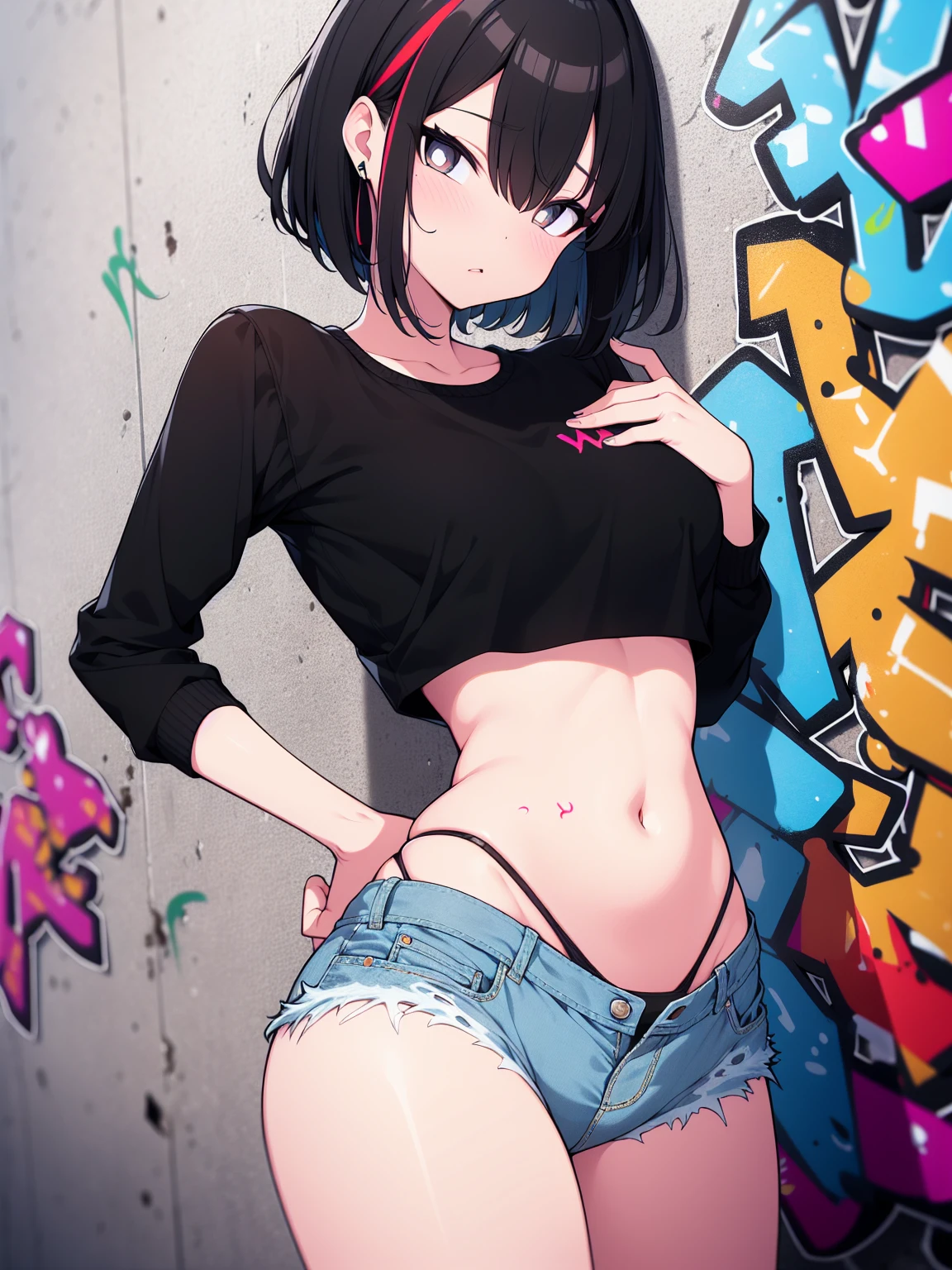 (cowboy shot), (best quality, ultra-high resolution, depth of field:1.2), adult, 1woman, toned body, medium breasts, wide hips, solo, black hair, streaked hair, short hair, bangs, black crop top, bikini underwear, (highleg bikini:1.4), denim jeans, (graffiti:1.4), paint-stained clothes, slouching, against wall, looking at viewer, upturned eyes, head tilt, bored, hands behind back