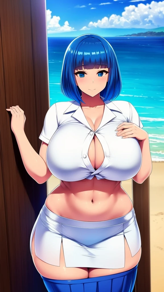 A sexy Hawaiian girl, beautiful, big breast, beautiful, bright blue hair, round cut, her blue eye, she wears a white shirt, shows her navel, and a long blue skirt.