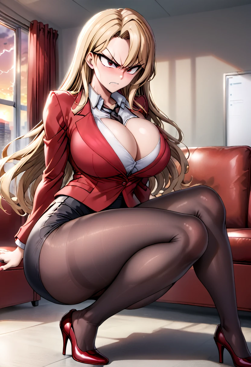 (((1girl))), Reika Kurashiki from Saimin Seishidou, blonde hair, angry expression, siting on couch, in personal office, sunset lightning, ((extremely big breasts, extremely wide hips, extremely big ass)), (dark red high heels with black pantyhose, dark red pencil skirt, white office shirt with red office jacket on top),