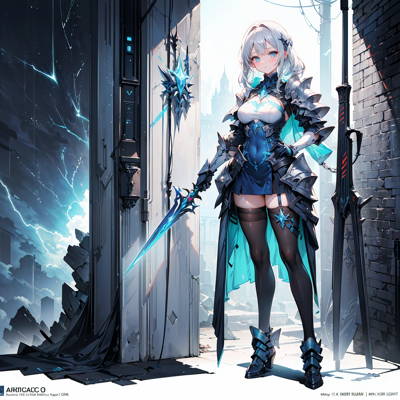 (((masterpiece, best quality, high detailed, 8k))) Design a layout showcase Gaming character, (1girl). Silver|Blue clothes, stylish and unique. ((showcase weapon:1.4)), lightning rod. (masterpiece:1.2), (best quality), 4k, ultra-detailed. (Step by step design, layout art:1.5), (luminous lighting, atmospheric lighting). storm mage, ((glove full hands)), (((revealing clothes:1.3))), vambraces, armored legwear, (((full_body_shot:1.4))). {During a thunderstorm}.
