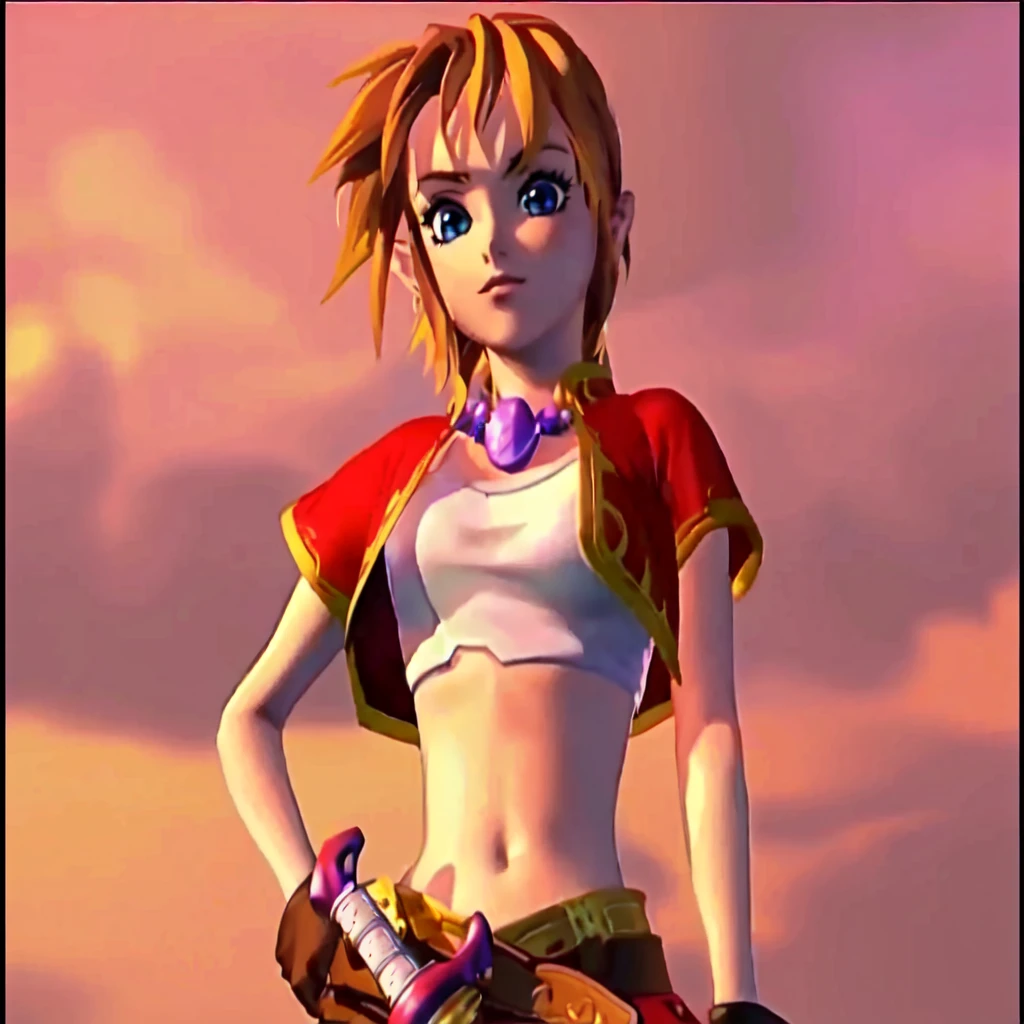 There is a cartoon picture of a woman holding a sword, Natalie in an epic battle fantasy, art style of dark cloud 2, Video Game Characters, Zelda, Female protagonist, Video game cutscenes, JRPG Characters, Ocarina of Time Movie, crono, sky, Final Fantasy Characters, Majora Mask, From Kingdom Hearts, Final Fantasy X, CGI Cutscene