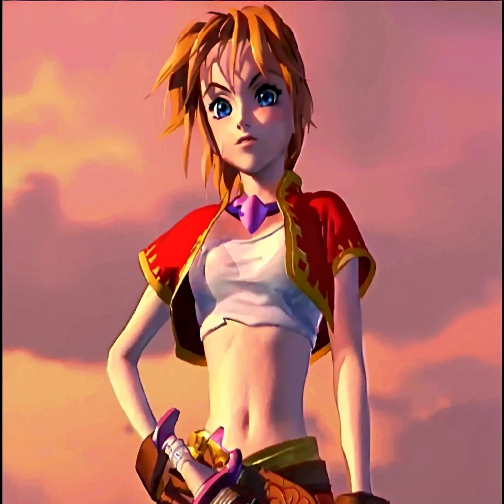There is a cartoon picture of a woman holding a sword, Natalie in an epic battle fantasy, art style of dark cloud 2, Video Game Characters, Zelda, Female protagonist, Video game cutscenes, JRPG Characters, Ocarina of Time Movie, crono, sky, Final Fantasy Characters, Majora Mask, From Kingdom Hearts, Final Fantasy X, CGI Cutscene