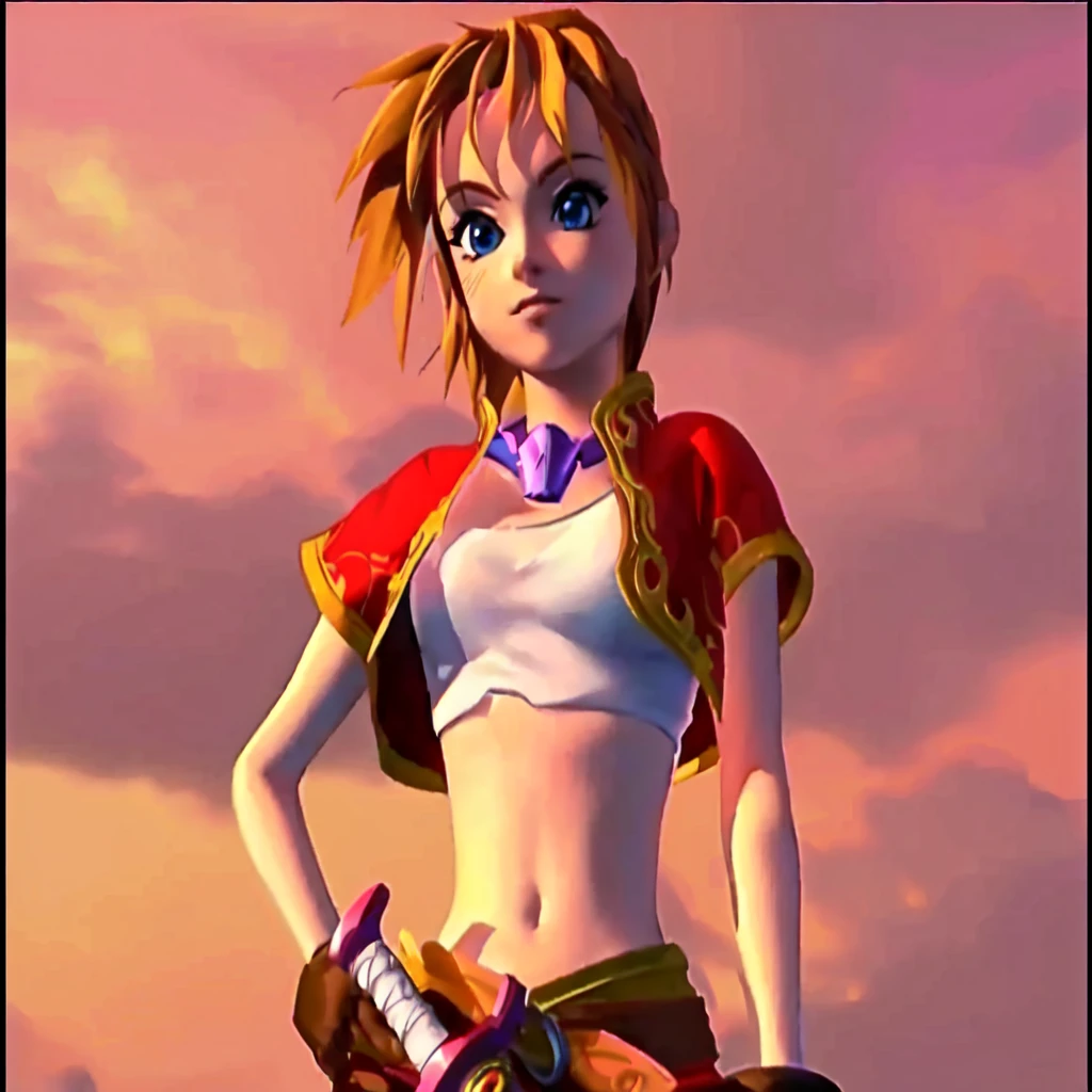 There is a cartoon picture of a woman holding a sword, Natalie in an epic battle fantasy, art style of dark cloud 2, Video Game Characters, Zelda, Female protagonist, Video game cutscenes, JRPG Characters, Ocarina of Time Movie, crono, sky, Final Fantasy Characters, Majora Mask, From Kingdom Hearts, Final Fantasy X, CGI Cutscene