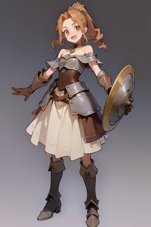 ((1 masterpiece, high resolution, best quality, 4k quality)), beautiful imagen, same character, 1 girl, solo,  in love, excited,very happy, smile, open mouth, adventurers, musketeer, rpg, medium breasts, golden almond eyes, long brown hair, drill hair, hip bones, collarbone, skirt, school skirt, blouse, school blouse, ((leather armor)), leather gloves, asymmetrical gloves, leather boots, asymmetrical footwear, heeled boots, shoulder armor, ((single shoulder)), leather corsette, chest harness, heart plate, full body, standing, ,simple background, gray background,
