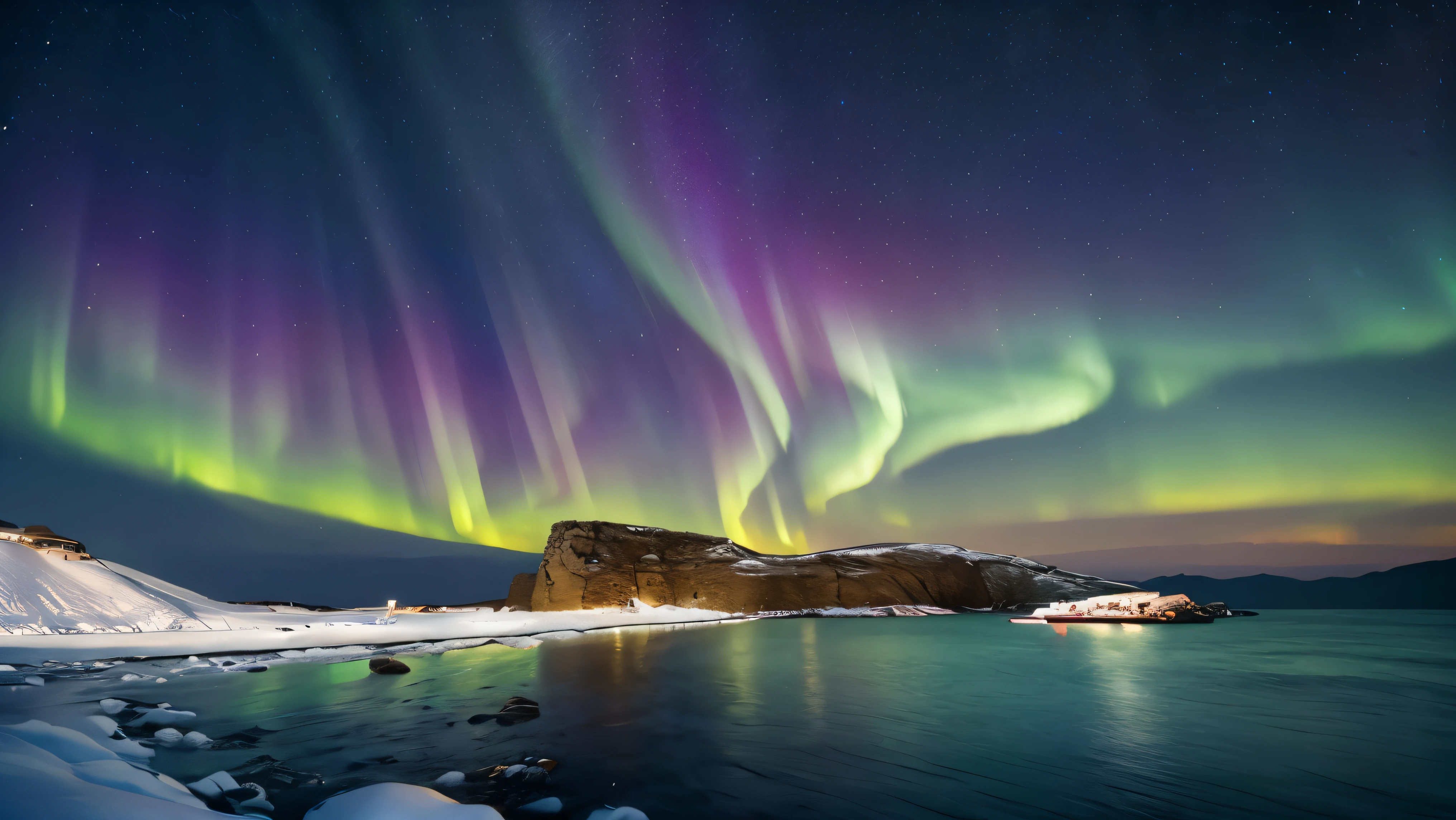(Realistic, Photorealistic:1.4), Beautiful illustration, Aegean Sea, Late Night, Aurora, Snow Scene