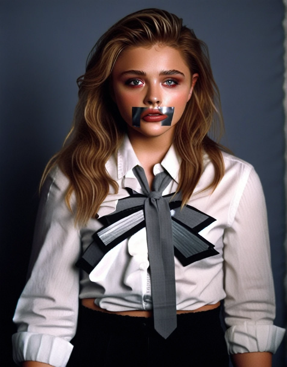 ChloeGraceMoretz, (art by Grandma Moses:1.1) , large full-body shot Woman Standing in a College, Extraordinary Trendy hair, specular lighting, F/2.8, Agfacolor, wearing a white business shirt. Hogtied. Tied up. Tape gagged