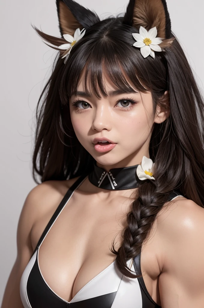 staffordshire, stark, musclegirl, caramel colored, with black nose, and the white chest, striking look, black eyes, with your tongue out, flower ears and with white background