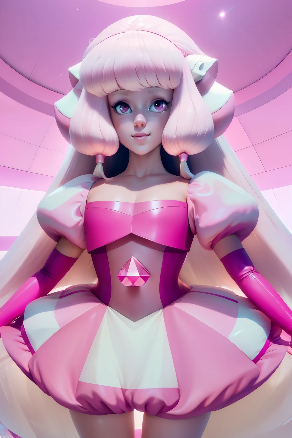 pnkdamond, pink hair, pink eyes, long hair, stomach gem, pink skin, toned,
puffy short sleeves, elbow gloves , white thighs, Puffy dress,
standing, Upper part of the body,
outer space,
(incredibly detailed, beautiful detailed face,Beautiful detailed eyes, Masterpiece, Best Quality) cinematic lighting, SMILE,