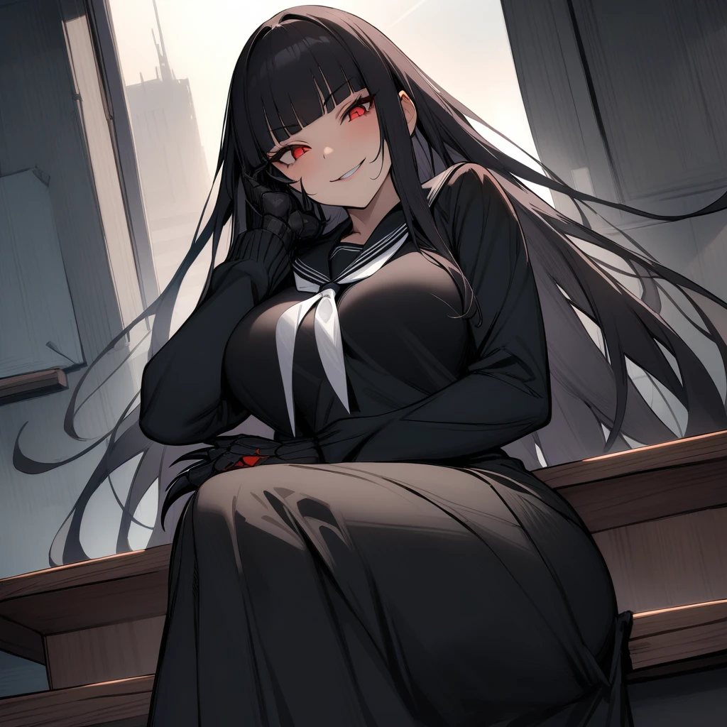 (masterpiece,best quality,very aesthetic),(ultra-detailed),(atlach-nacha,degenerate),1girl,20yo,Statuesque,curvy,tall,long hair, black hair,straight hair,(blunt bangs),beautiful red eyes,smirk,(Ruthless smile),look down on with disdain,black serafuku in winter,long sleeves,(long skirt),white ribbon tie,dusk sky,leather shoes,classroom,(black Claws with arms fused like spider arm:1.3),hand on cheek,Blood on hand,crossed legs,sitting on desk,solo,looking at viewer,cowboy shot,from below
