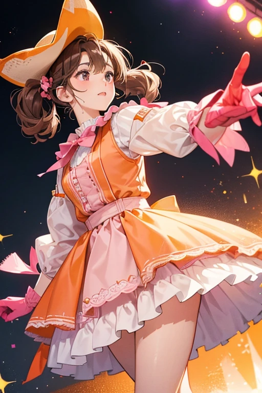Prairie Dusty Trails is a fair skinned girl with light pink-peach cheeks and black eyes. She has brown hair that she wears in braided pigtails held with magenta bows and with a small puff of bangs in the center.
Prairie Dusty Trails dresses in cowgirl attire, of course! She wears an orange blouse with rolled up sleeves, a pink skirt with red-orange fringe and yellow stitching along the bottom. She also has on red-orange gloves with fringe and white socks with orange cowboy boots with magenta detailing. SPARKLE; GLITTER