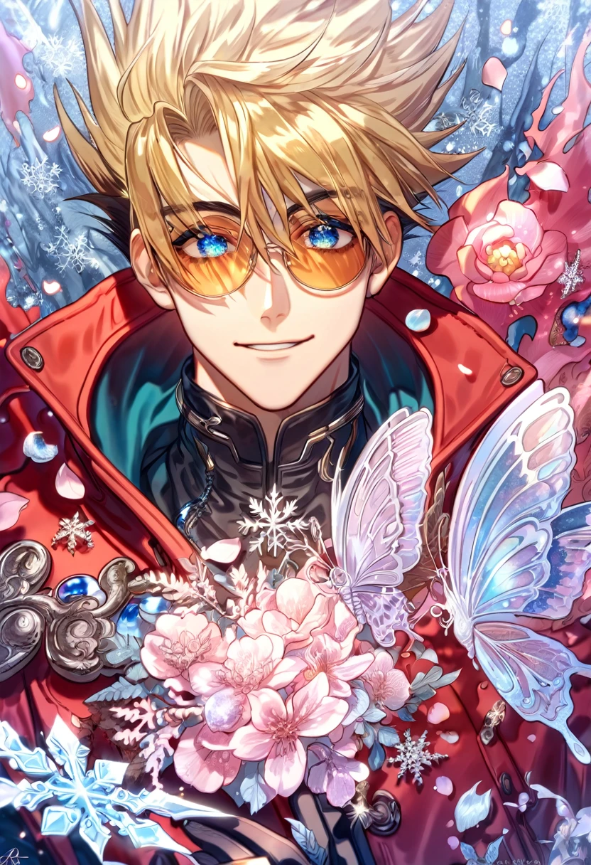 Ultra detailed, HDR, Highres, absurdres, master piece, Vash Stampede, blonde spiked hair, expressive blue eyes, amber round sunglasses, red trench coat, Trigun, handsome, ice glittering butterflies, ice, petals, ice pink glass flowers, glittering, fantasy, magical, snowflakes, cold, handsome smile, solo,