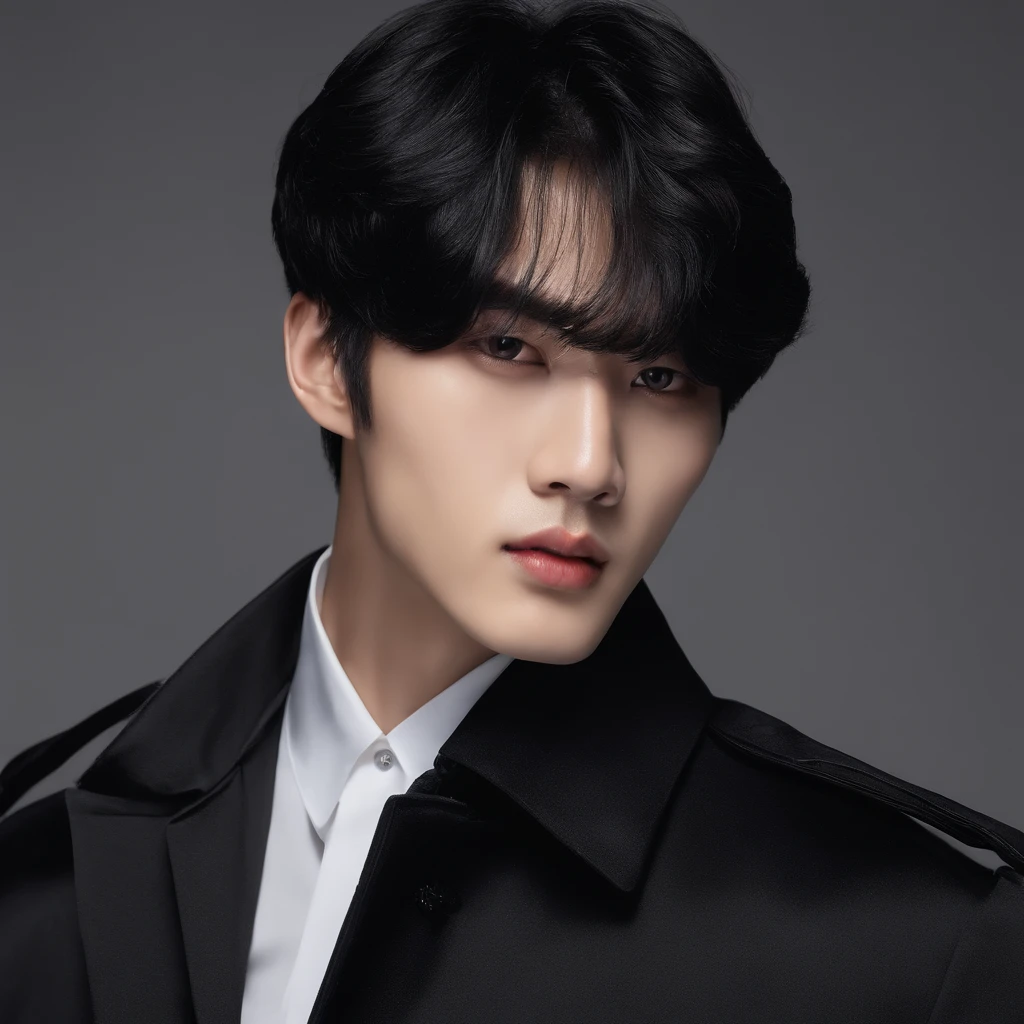 20 years old korean men with curtain bangs hairstyle(black hair)hair, wearing black transparent shirt and elegant attractive eyes with modelic face , High quality