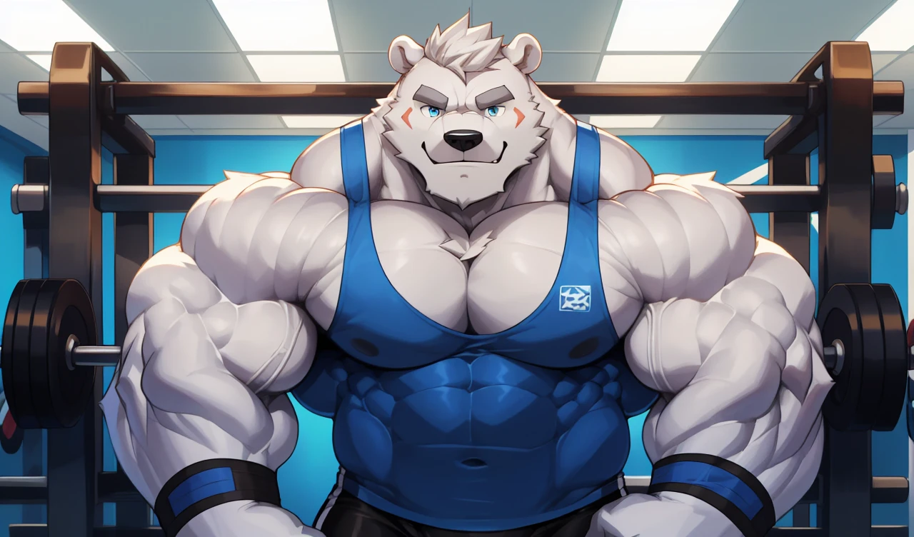 solo, 1boy, perfect anatomy, (furry white bears, polar bear) perfect proportion, smirk, big eyes, wide chest, bulky, bulk, bulge, happy. Huge Muscular Old man with short hair wrestling,(black gym shorts, wristbands and blue tank top), view from side, pectoral, thick arms, huge pectoral, wide pectoral, white hair, white beards, grey eyebrows, gym background, masterpiece, semirealistic:1.2, high detailed, 8k, high resolution, perfect center, full view. ((really big muscle, massive muscular, sixpack, thick arms, wide pectoral, super huge muscle, hyper muscular, over sized muscle, huge arms, big arms, huge pectoral))