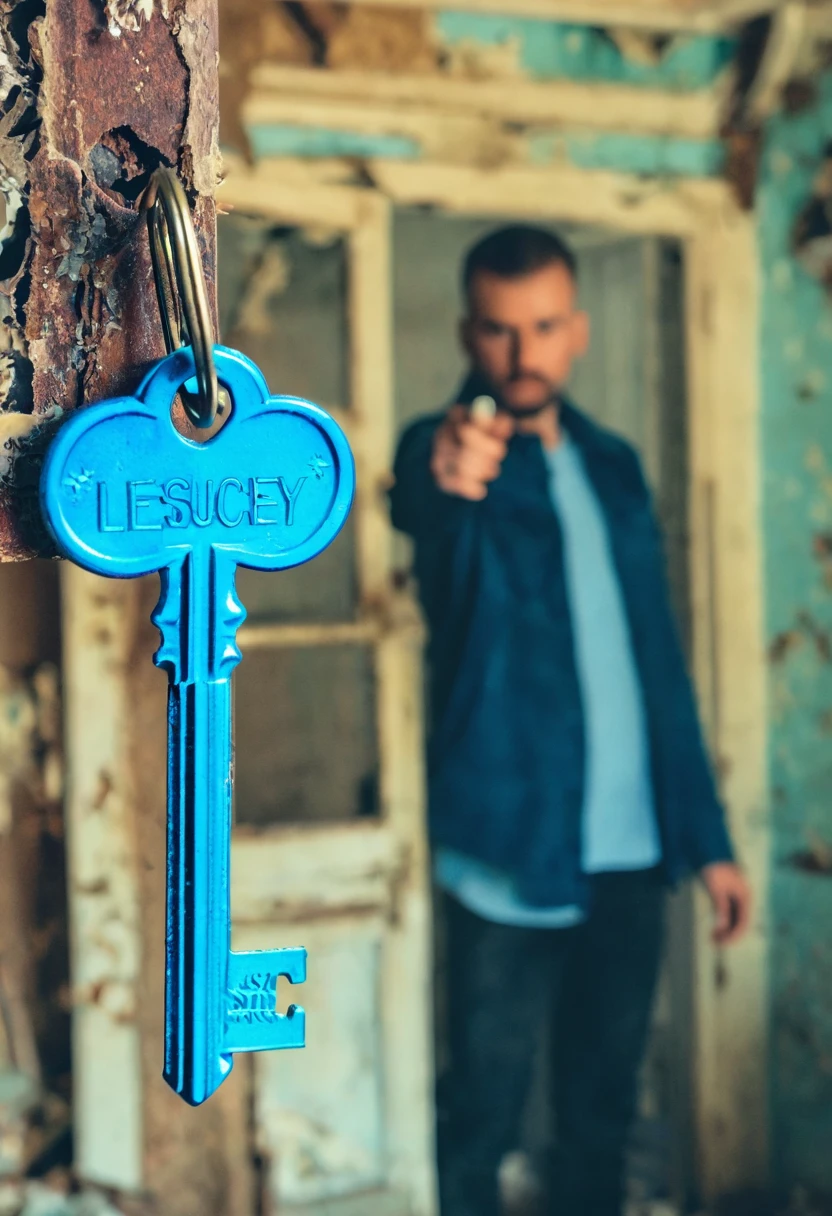 White man holding a blue key, in an abandoned house, sinister and blurred background.