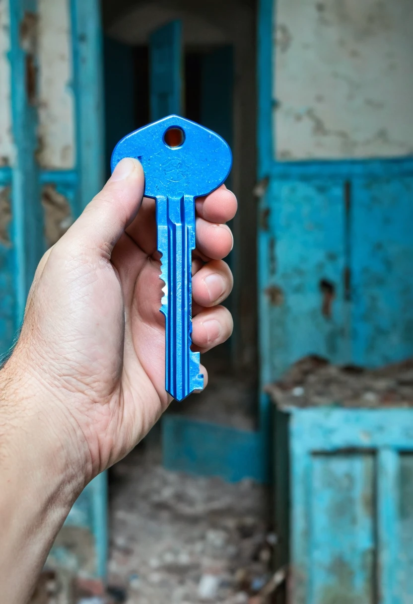 White man holding a small blue key, the man is half sideways, in an abandoned house, ominous background.