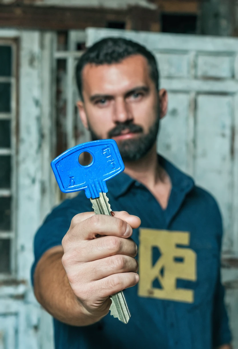 White man holding a blue key, in an abandoned house, ominous background.