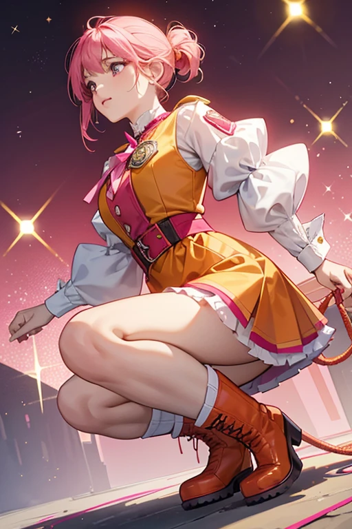 She wears a shiny magenta shirt with puffed sleeves and a plain white collar and an orange vest with a sheriff's badge. Her skirt is orange and knee length with red and yellow markings, pink pockets, and a golden rope attached to her waist. Her shoes are red boots and she wears plain white socks. SPARKLE; GLITTER