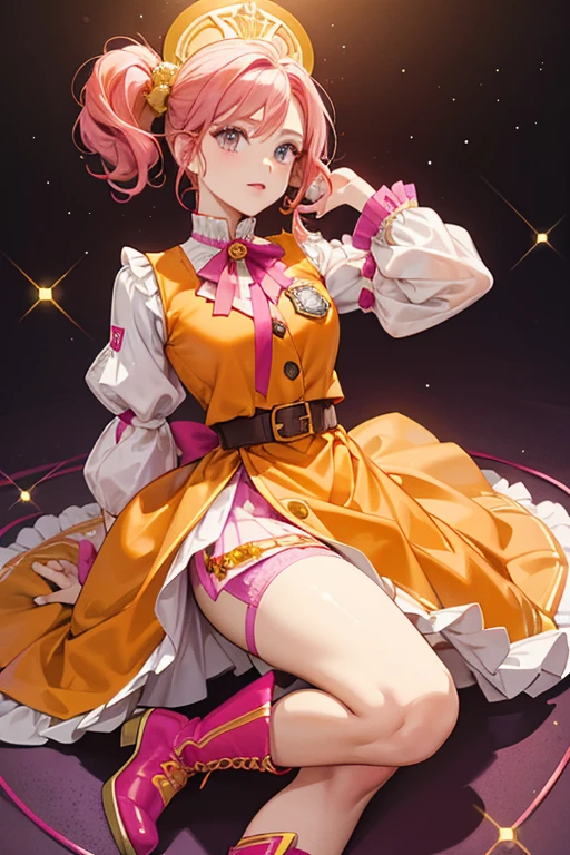 She wears a shiny magenta shirt with puffed sleeves and a plain white collar and an orange vest with a sheriff's badge. Her skirt is orange and knee length with red and yellow markings, pink pockets, and a golden rope attached to her waist. Her shoes are red boots and she wears plain white socks. SPARKLE; GLITTER
