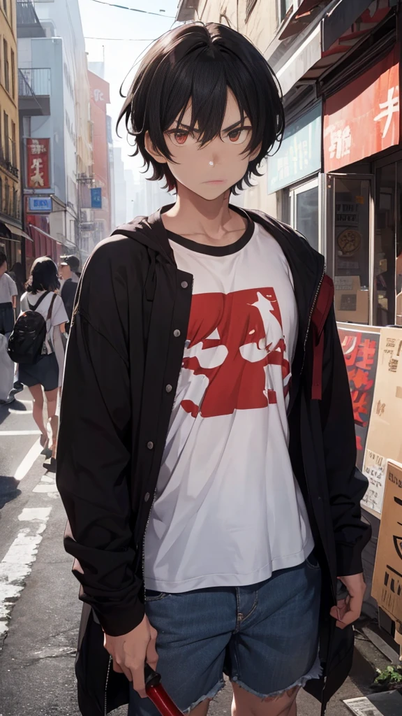 21 year old young man, angry appearance, Eyes red, blackw, wavy short hair, Caucasian skin, clothes worn out by time, a red sword on the back, 1,78 tall.