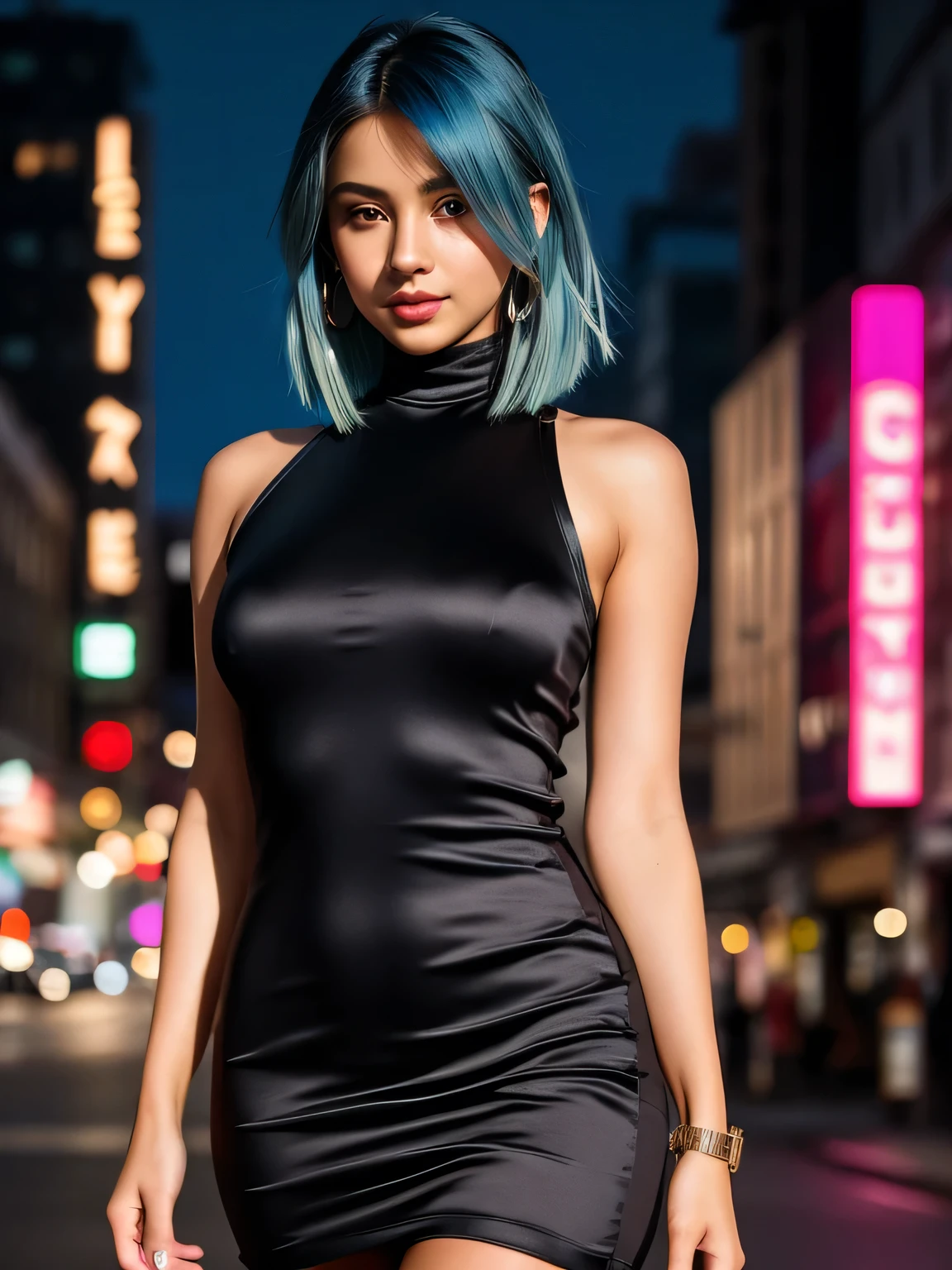 (blue hair:1.4), short hair, realistic green eyes, cobalt hair, long bob hair, tousled hair, shoulder length hair, Full body, woman with white skin and Asian features, 24 year old, big breast. She has a small, elegant nose with a slight upward curve at the tip. Her lips are full and naturally pink, with a well-defined Cupid's bow. Her teeth are straight and white, enhancing her captivating smile. Her face has an oval shape with high cheekbones that add to her model-like appearance. (crack), detailed (texture!, shine, color!!, flaws: 1.1), highly detailed glowing eyes, (looking at camera), specular light, dslr, extreme quality, crystal clear, cute face, detailed skin pores, oil Dark skin, brown, complex eye details, she is far from the camera, A full-body portrait, captured from a distance. Dynamic Frame, 8K, Extremely detailed CG unifies 8K,   wallpaper, Depth of written boundary, Cinematic Light, Lens flare, Ray Tracing, In the Dark, Deep Shadow, ((Displaying the viewer)), (Pink Shirt), (No sleeve) , (Fashion Night, Dark Night, (Neon Signs), (Blurred Background), Fashion Street Night),(There is no one in the background:1.3), Beautiful earrings, Bangles, necklace, pantyhose, Clear Eyes, walking, (Pale skin), (Big eyes), Look forward, ((Full Body Shot:1.4)), ((Black high neck silk dress:1.3)),(Black silk opera gloves:1.2),((High neck tight tie dress)),(Knee-high boots:1.2), (See through), (Displaying the viewer:1.3) , Big Breasts, See through,(Bedroom), (short hair:1.3).
