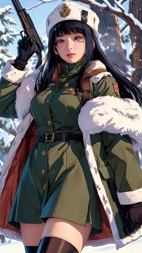 a woman in a uniform holding a rifle in the snow, detailed