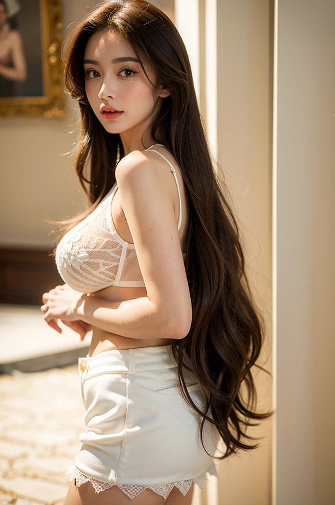 the Extremely Detailed CG Unity 8K Wallpapers、top-quality、ultra-detailliert、masterpiece、studio shoot、Upper body portrait、posterior view、(Lingerie Set:1.4), realisitic、Behind the photo、large full breasts、realisitic、Photo Real、extremely detailed cute girl、bangss、独奏、sixteen years old、Melancholy look, art studio , Brown hair, Curly Long Bob, Shaggy, out of focus、blur、