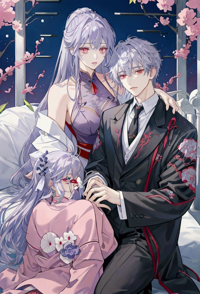 派手なSilver Hairのmale二人、host、watercolor、Line art only、The one on the right has red eyes、The one on the left has purple eyeale二人、Silver Hair、Contains mesh、male、No breasts。