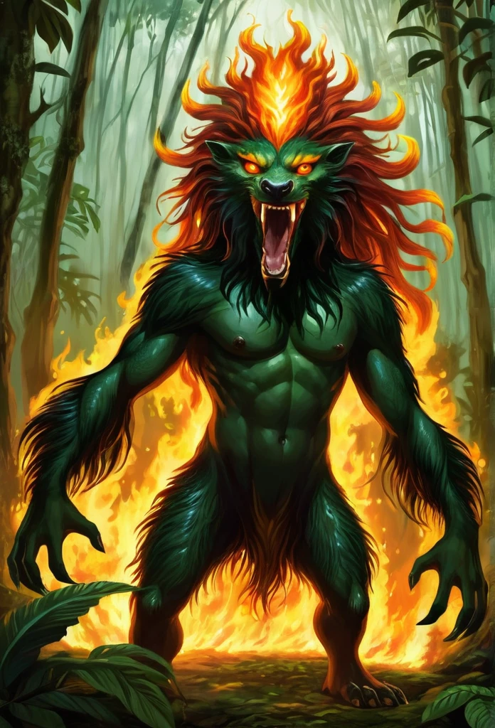 The Curupira, a protective entity of the forest in Brazilian folklore, has flaming hair, glare eyes,  and agile, and rear-facing feet, used to deceive intruders in the forest.