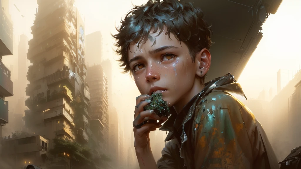 prickly boy sitting on the ground crying in a city, standing alone, he is dirty and holds a wallet without money, Greg Beeple, stefan koidl inspired, single boy concept art, pino daeni e dan mumford, art by alejandro burdisio, Enki Bilal style, dystopian future, award-winning science fiction art, dystopian digital concept art, digital science fiction realism