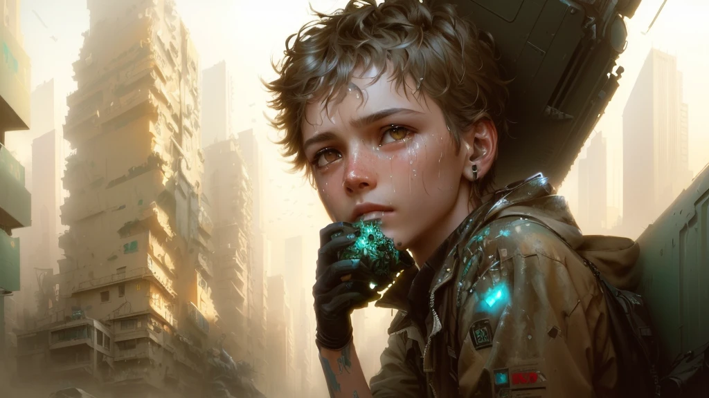 prickly boy sitting on the ground crying in a city, standing alone, he is dirty and holds a wallet without money, Greg Beeple, stefan koidl inspired, single boy concept art, pino daeni e dan mumford, art by alejandro burdisio, Enki Bilal style, dystopian future, award-winning science fiction art, dystopian digital concept art, digital science fiction realism