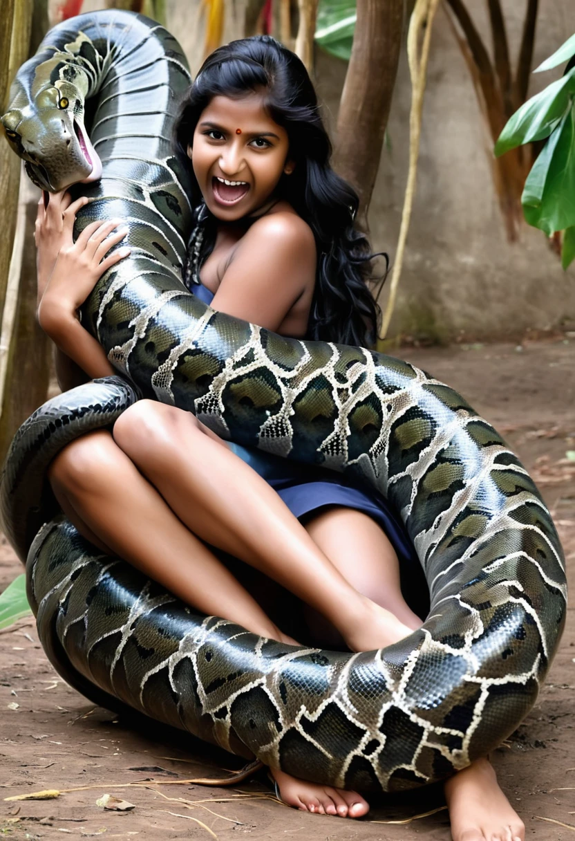 Happy Horny, aroused 1girl), beautiful Indian young teen girl with giant colossal Kaa monster squeezing her hard, wrapped in thick spiraling coils, constricted, struggle, gasping for air, snake attack, snake peril,