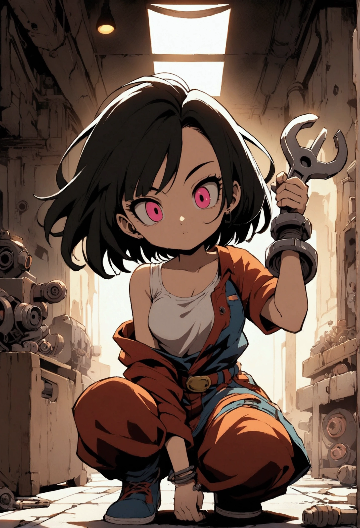 Anime-style illustration, Goku + android 18 girl dbz with verde red oversized clothing, merging as a mechanic with robotic parts interspersed within his human form, dynamic pose wrench in hand, workshop background cluttered with machinery, oil stains, dimly lit with flickering fluorescent lights, high contrast shadows, vivid colors, intricate detailing of mechanical components, digital painting., Mysterious