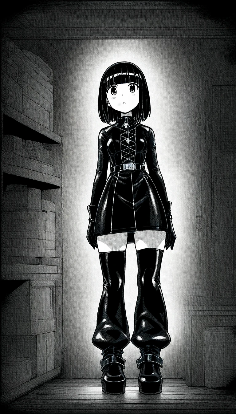 Anime line art, (monochrome), black and white, (colorless), Full body image of latex gothic fashion girl, Japanese cartoons, Lovely, dark hair, blunt bangs, Straight short Bob, black gloves, Latex knee-high boots, High-gloss finish, Super detailed, (basement), 8K.