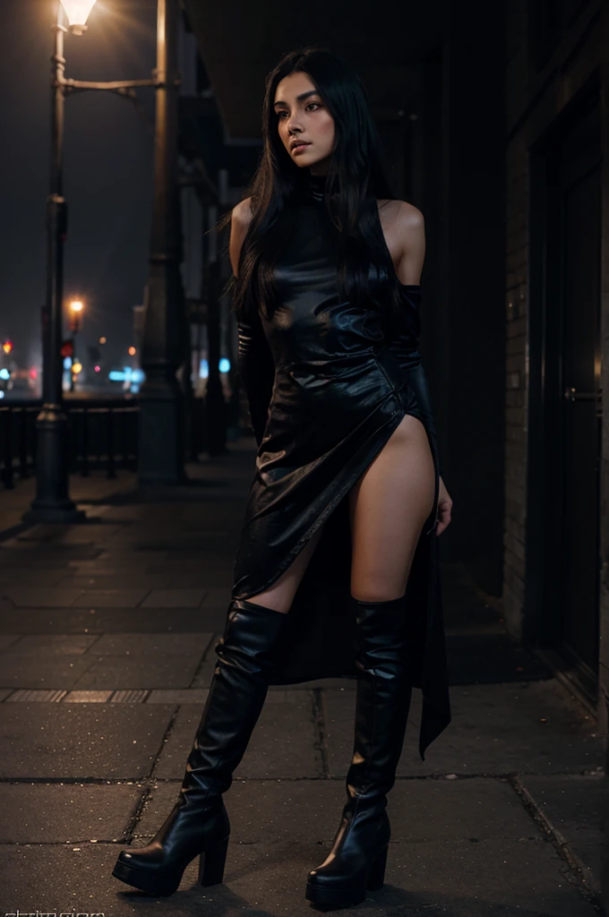 Anime girl,,with long boots, on street, no under wear, wearing a long hoodie
