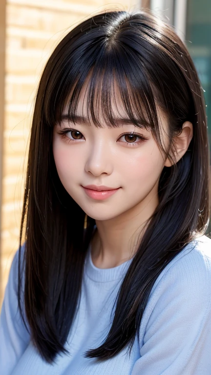 Highest quality,8k,High resolution,Beauty like an actress,high school student,Black Hair,With bangs、Big Breasts,Side Pony、Smile a little with your mouth closed、((Mouth closed))、((I can&#39;t see my teeth))、((Very small tight micro bikini swimsuit:1.5))、Outdoor swimming pool、sunny