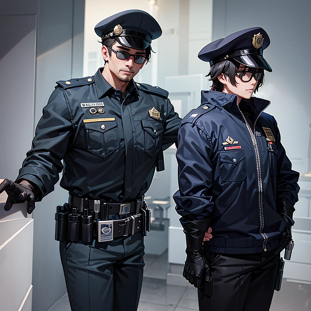 Corrupt police officer with black glasses and a scar on his left eye horizontally