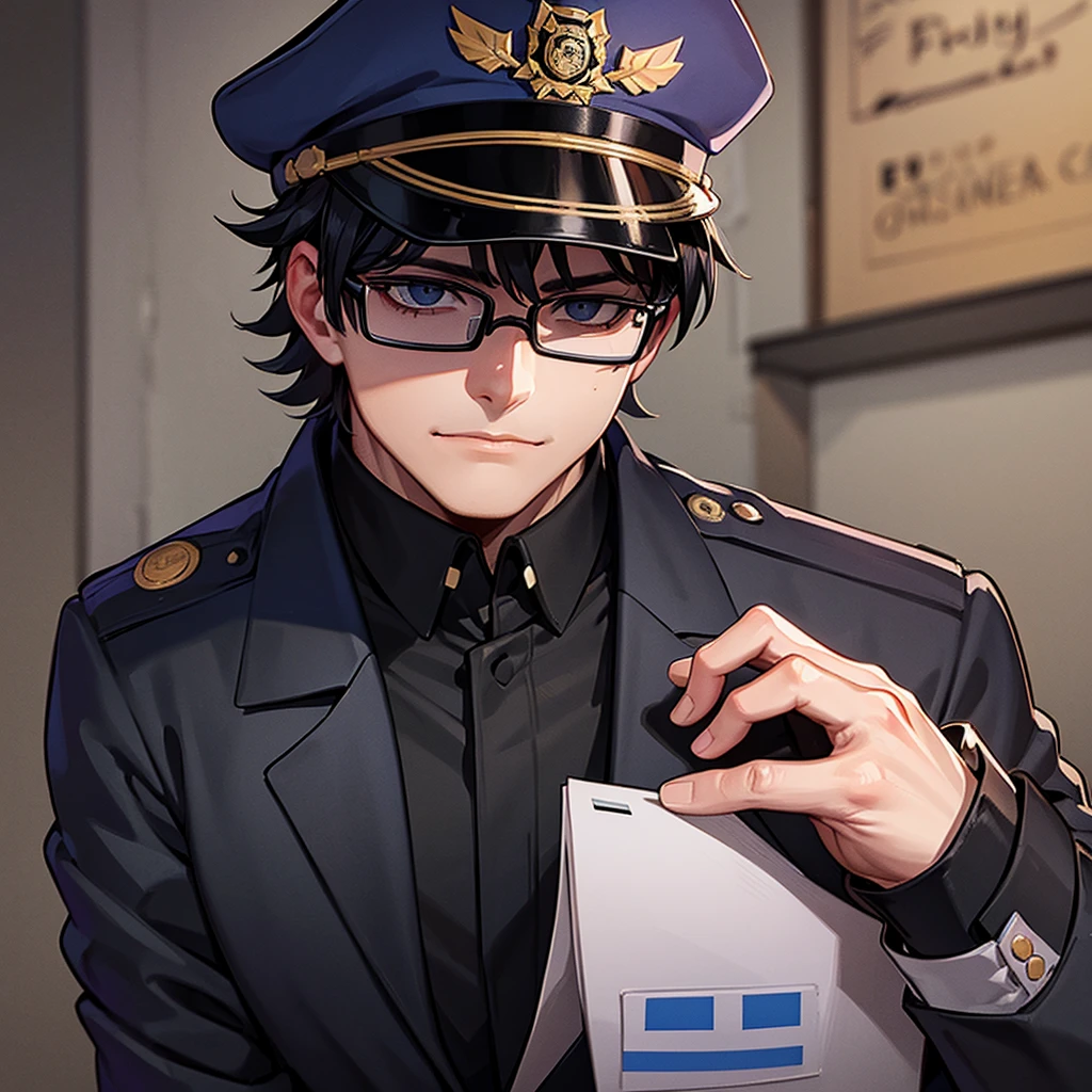 Corrupt police officer with black glasses and a scar on his left eye horizontally