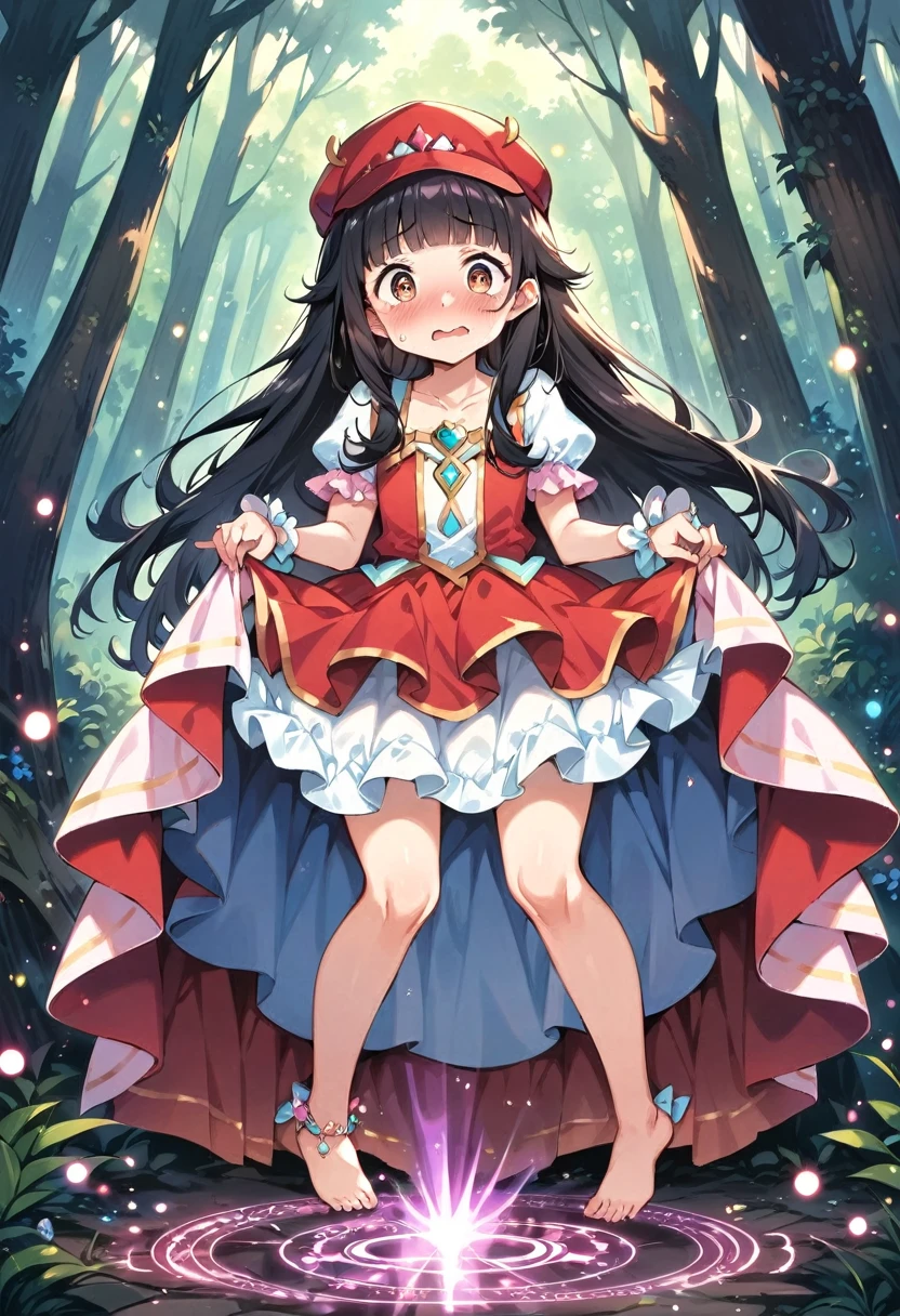 masterpiece, best quality, expressive eyes, perfect face, a man get transformed into a cute ddler princess, solo, surpriced, blushed, black hair, long hair, red baseball cap, brown eyes, full body, bare foot, in a forest, glitter, embarrassed pose, magic circle on the floor. cute dress, dress lift, cute underwear,