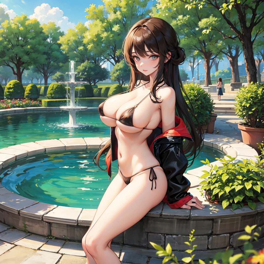 Girl with huge breasts wearing a micro bikini in the fountain of a public park