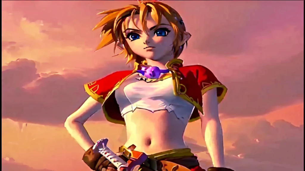 There is a cartoon picture of a woman holding a sword, Natalie in an epic battle fantasy, art style of dark cloud 2, Video Game Characters, Zelda, Female protagonist, Video game cutscenes, JRPG Characters, Ocarina of Time Movie, crono, sky, Final Fantasy Characters, Majora Mask, From Kingdom Hearts, Final Fantasy X, CGI Cutscene